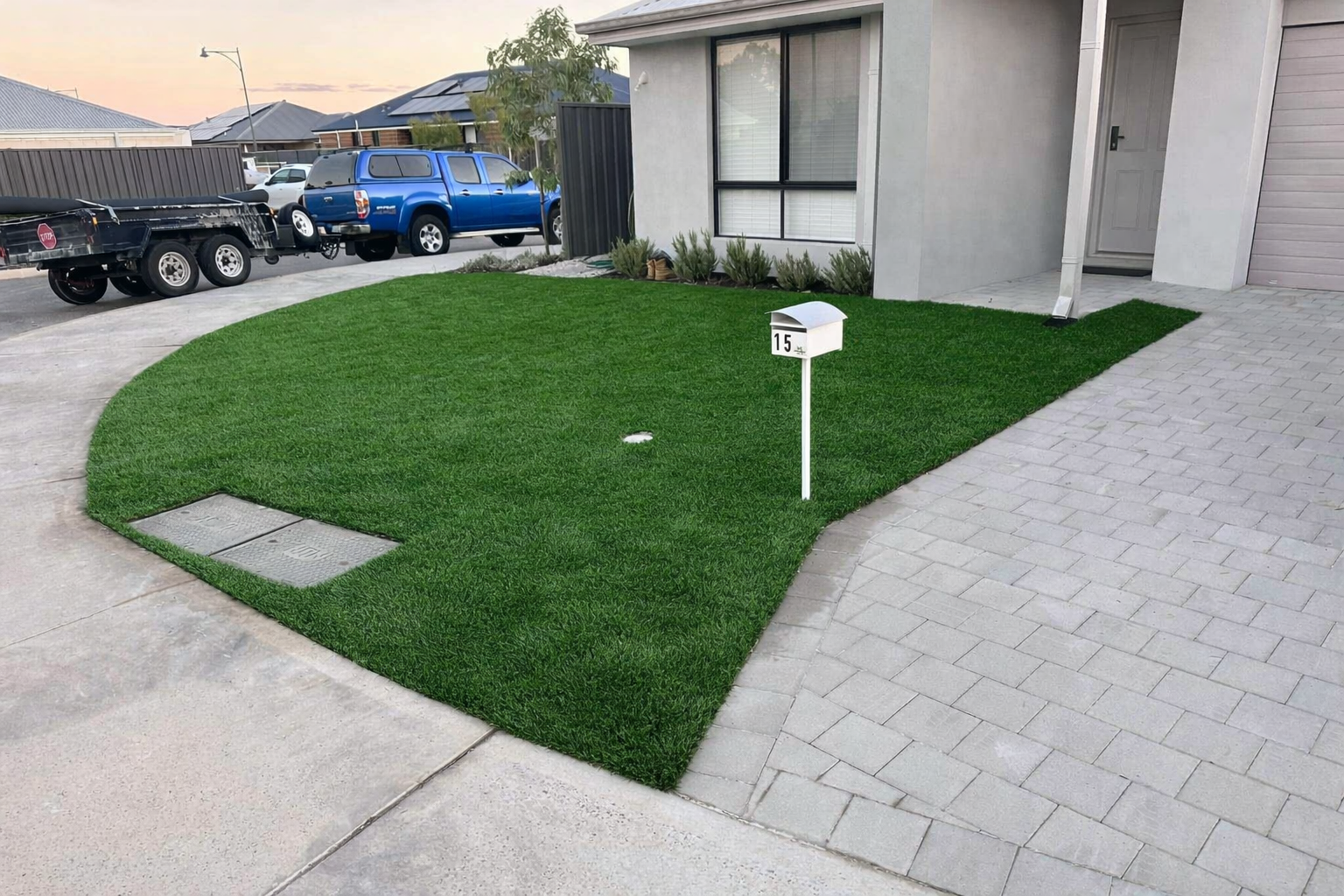 Side and front yard synthetic turf installation around mailbox